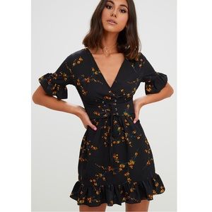 PrettyLittleThing Black Floral Corset Dress